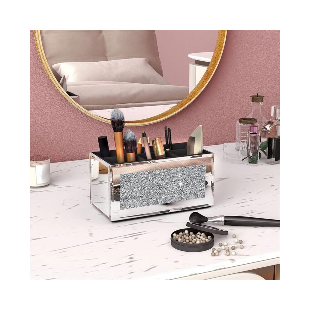 Silver Makeup Brush Holder Organizer With Crushed Diamond 3 Slot Mirrored Make Cosmetics Organizers And Storage