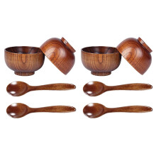 2X Conjunto de Tigela de Colheres de Madeira, Talheres de Madeira Feitos à MãO Talheres Talheres Sopa Tigelas de Arroz Servindo Talheres para Comer,