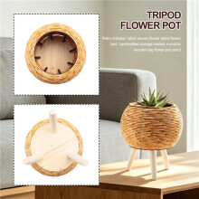 Fioriere per Fioriere Intrecciate nel Rattan Imitazione Vintage Cesto Portaoggetti Fatto un Mano con Gambe nel Legno Supporto per Vaso per Piante,A