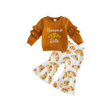 (18-24 Months, Brown) Toddler Baby Girl Thanksgiving Outfit Croissant Ruffled Long Sleeve Sweatshirt and Flare Pants 2 Piece Fall Set