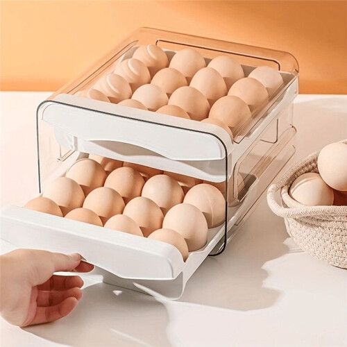 2-Layer Egg Storage Box for Refrigerator - Fresh-Keeping Plastic Drawer Organizer, Large Capacity Kitchen Rack White 1