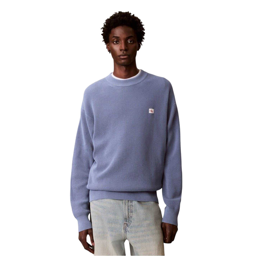 Calvin Klein (L, Dusty ) Mens Waffle Crew Neck Jumper Blue