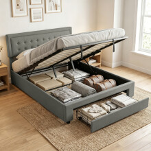 HOMCOM King Bed Frame with Storage and Adjustable Headboard, Grey