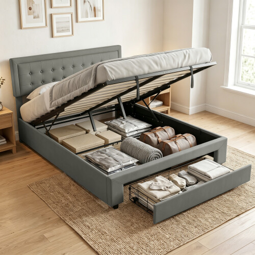 Homcom HOMCOM King Bed Frame with Storage and Adjustable Headboard, Grey