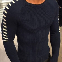 (Navy,S)Moda Hombres Suéter Tejido Cuello Manga Larga Calce Ajustado Invierno Top Pullover
