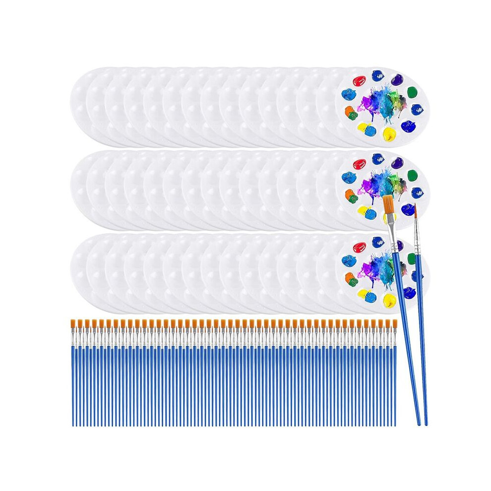 Tlily 150Pcs Paint Brush Palette Set, 50Pcs Plastic Paint Palette, 100Pcs Paint Brushes, Paint Tray For Watercolor Painting