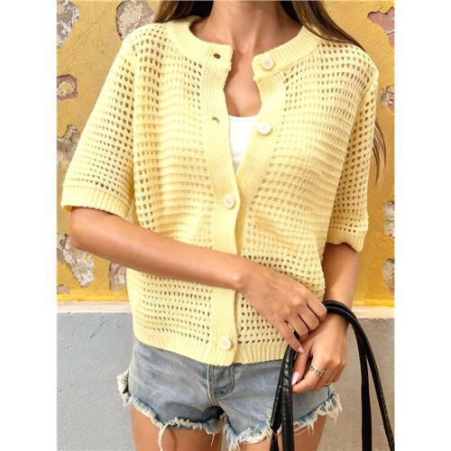 Women'S Short Sleeve Openwork Crochet Button Front Knit Cardigan Yellow M 1