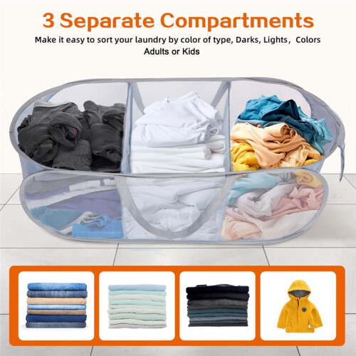 Mesh Laundry Hamper Basket, 3 Compartments Laundry Basket, Foldable  Laundry Hamper with Side Pocket for Laundry Room 2