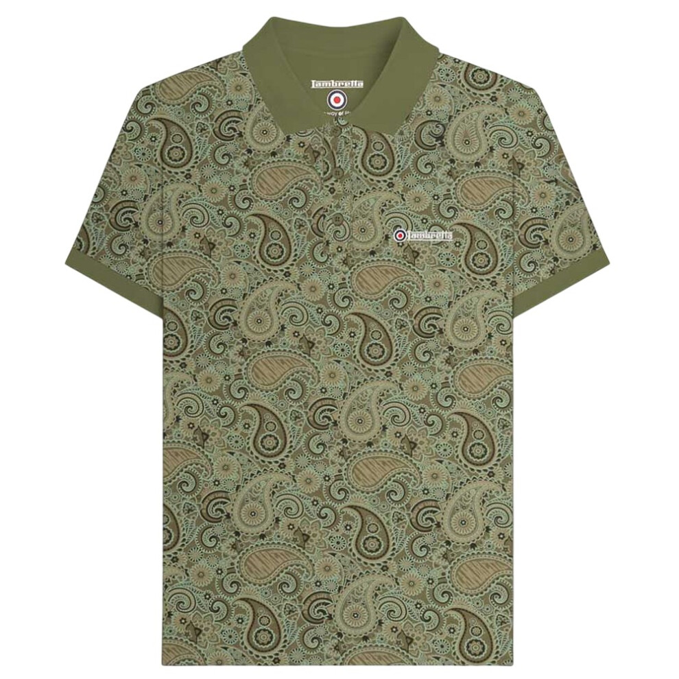 Lambretta (S, Khaki ) Mens Ss25 Paisley Branded Polo Shirt Green