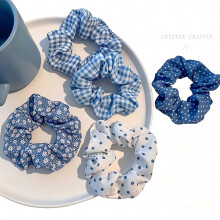 Ocean Blue Series Scrunchies Set, Gingham Polka Dot Floral Hair Ties, Sweet Versatile Fabric Hair Accessories