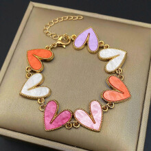 Colorful Enamel Heart Link Bracelet, Sweet Multicolor Love Heart Gold Chain Bracelet, Cute Romantic Fashion Jewelry for Girls Women