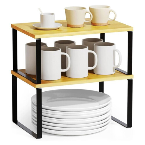 2 Pack Cabinet Shelf Organizers , Kitchen Counter Rack Shelves Riser, Stackable Expandable Spice Rack Wood 2