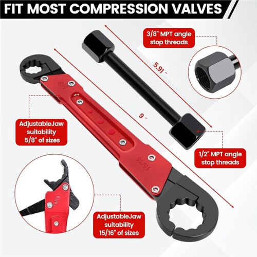 6 Pcs Plumbing Tools Kit with Angle Stop Wrench & 1/2-Inch Compression Sleeve Puller,Plumbers Wrench, Sandpaper 1