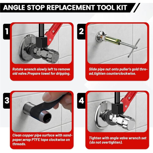 6 Pcs Plumbing Tools Kit with Angle Stop Wrench & 1/2-Inch Compression Sleeve Puller,Plumbers Wrench, Sandpaper 2
