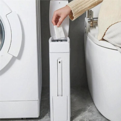 Bathroom Crevice Trash Can Space Saving Compressed Trash Can with Toilet Brush Narrow Trash Can Garbage Container 2