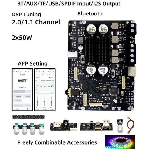 App Controlled  5.3 DSP Tuned 2.0 Amplifier 2x50W Effects WS2812 Inputs TF/USB/SPDIF/AUX Output I2S A 2