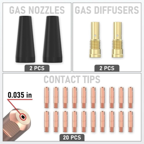 Flux Core Welding Torch Accessories Kit 24Pcs, 20x.035 Tips & 2xFlux Core Nozzles & 2x Diffusers,for 14AK Welding 2