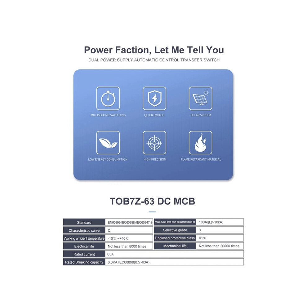 Tomzn Tob1z-63 Mcb 6Ka 1P 125V Circuit Breaker 63A For Applications Such As Communications And Photovoltaic Systems 4712560006328