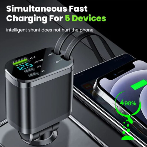 Autoladegerät-Adapter, Schnellladefunktion, USB-Typ-C-Autoladegerät mit Einziehbarem Typ-C-Kabel, Multi-Port-Autoadapter 1