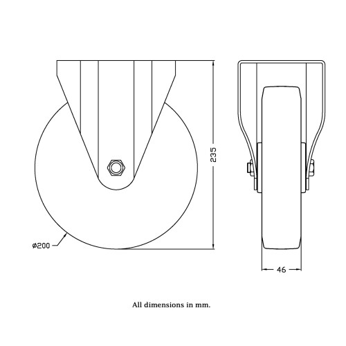 Parnells 200mm stainless steel fixed castor with blue elastic rubber on nylon centre whee 1