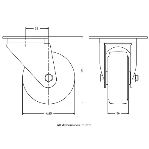 Parnells 125mm swivel castor with blue elastic rubber on nylon centre wheel 1