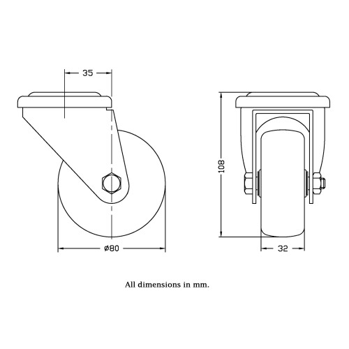 Parnells 80mm swivel castor with grey electrically conductive thermoplastic rubber on pol 1