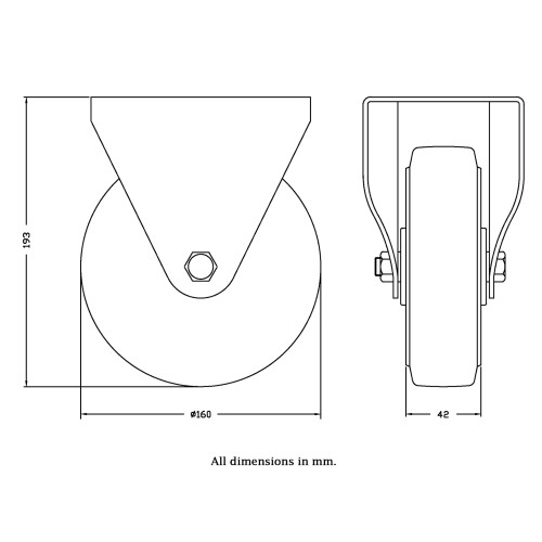 Parnells 160mm fixed castor with blue elastic rubber on nylon centre wheel 1