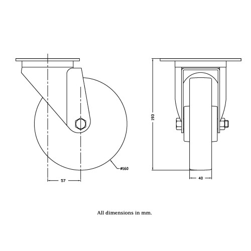 Parnells 160mm swivel castor with grey electrically conductive thermoplastic polyurethane 1