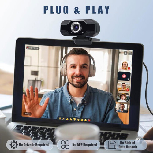 Webcam per PC con microfono e treppiede, Full HD 1080p, fotocamera USB plug and play per computer desktop, videoconferenze e streaming 2