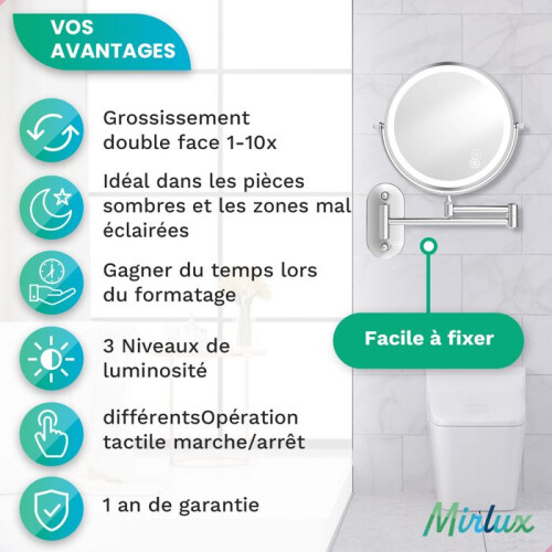 LED Makeup Mirror, 10X Magnification, Round Wall Mounted Shaving Mirror for Bathroom Use, Adjustable Brightness, Space Saving Design 1