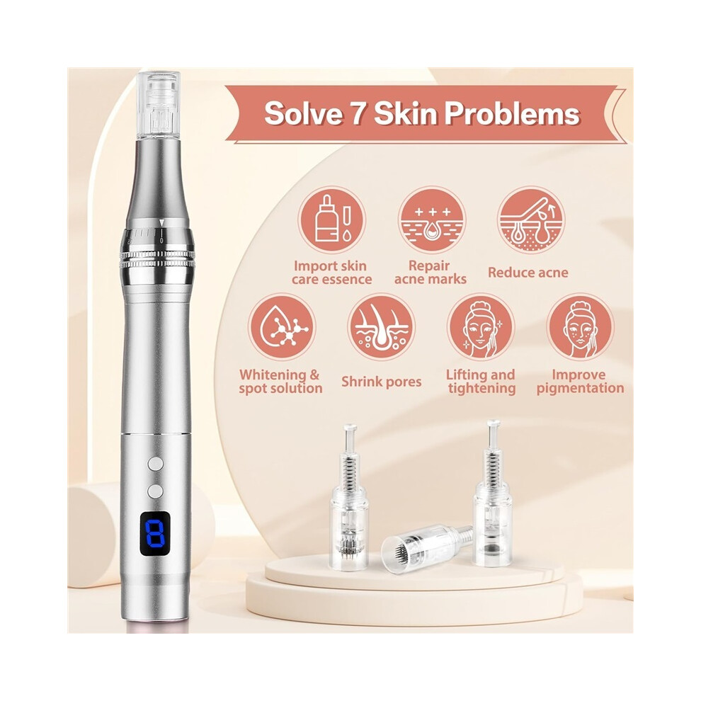 Stoyotu (Silver) 8-Speeds Electric Microneedling Pen Microneedles Pen 0-2.5Mm 7 Model Led Light, With Hyaluronic Acid Facial Serum With 12 Needles Cartridges