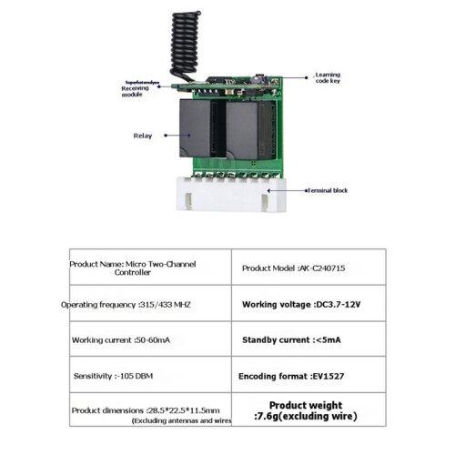 2CH  RC Remote  DC3.7V-12V Wireless  Relay Remote Control  for LED Lights Access Control 433Mhz 2