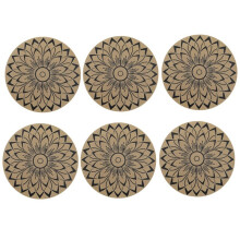 6pcs Black Round Flower Insulation Pad Boho Flower Print Place Non Slip Stain Mats Wipeable Pad