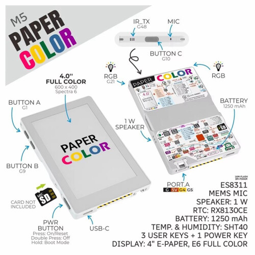 Placa de Desenvolvimento M5Paper Color ESP32S3 PaperColor SPECTRA 6 e Ink Display Dev Board de 4 Polegadas, 600 X 400 2
