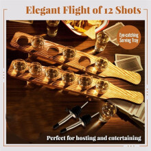 Shot Glass Holder Tray Bulk Set - 12 Pcs Clear Shot Glasses Set, Bottle Pourers, - Tequila Glasses with Wooden Tray