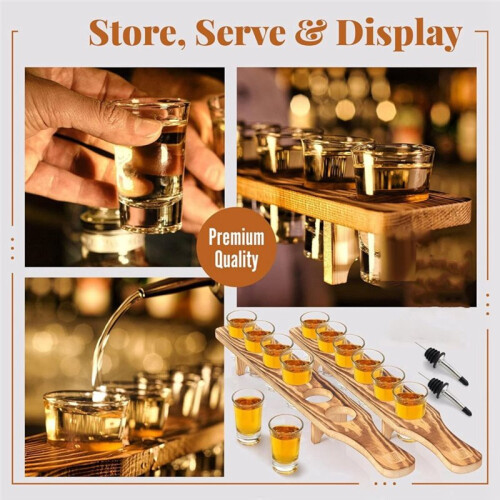 Set di 12 Bicchierini da Shot Trasparenti con Vassoio In Legno, Versatori per Bottiglie e Bicchieri da Tequila. 2