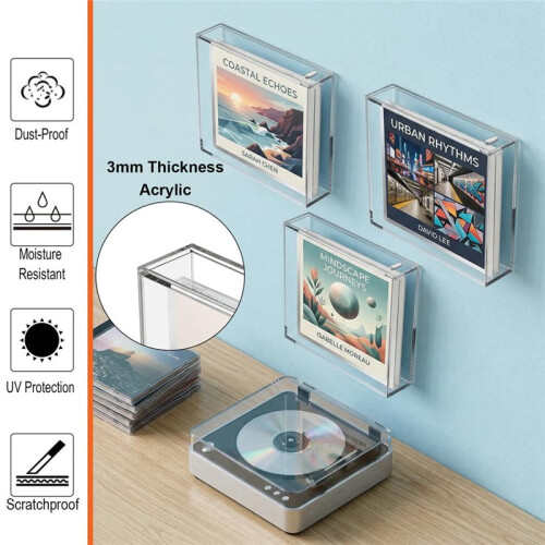 CD Jewel Case Holder Wall Mount Protector for Single & Double Disc CD Box Display Frame Shelf, Acrylic CD Display Case 2