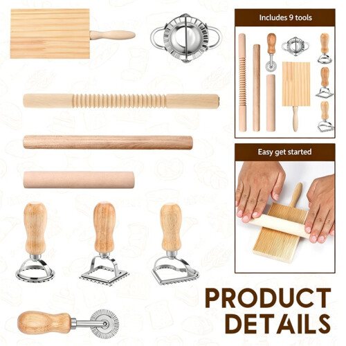9 Pcs Pasta Making Tools Efficient Pasta Making Kit with Ravioli Stamp Cutters Rolling Pins Gnocchi Boards Dough Cutter 2