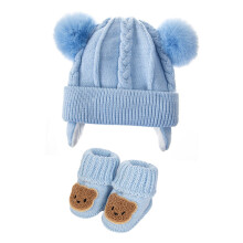 Baby Boy Girl Knitted Winter Hat With Bear Socks Anti Slip-Blue