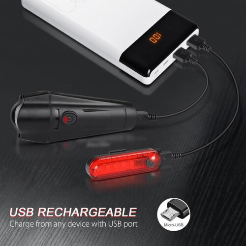 Σετ φώτων ποδηλάτου με φόρτιση μέσω USB, εξαιρετικά φωτεινό, μαύρο, μπροστινό κ 1