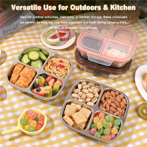 Lot de 2 Boîtes à Goûter en Acier Inoxydable avec Couvercles Hermétiques, 4 Compartiments 2