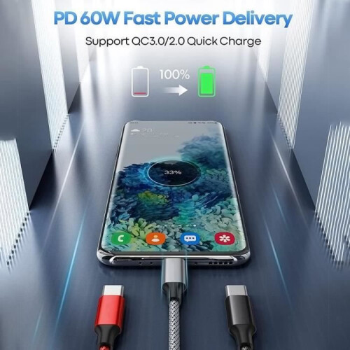 Καλώδιο φόρτισης USB C σε USB C 3A, πλεγμένο νάιλον 1 μ, γκρι, συμβατό με Samsung S26 S25 S24 S23 1