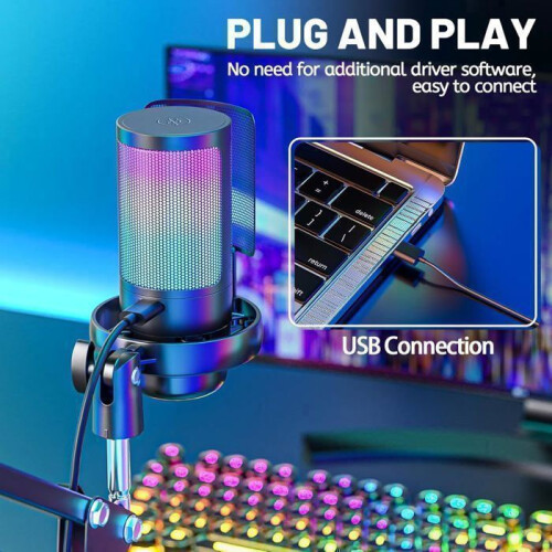Μικρόφωνο πυκνωτικό για παιχνίδια, USB Micro με RGB, φίλτρο αποθορύβησης, σίγαση, ρύθ 1