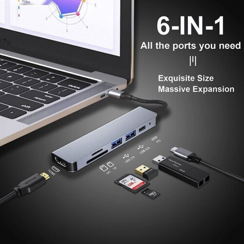Διανομέας USB C 6 σε 1 με θύρα HDMI 4K, 2 θύρες USB, PD 100W, αναγνώστη κάρτας SD και TF, πολυθύρ 1