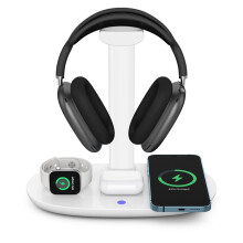 Suporte Multifuncional 4 em 1 para Fones de Ouvido com Carregamento Sem Fio, com Suporte de Mesa Removível para Fones de Ouvido e Organizador de