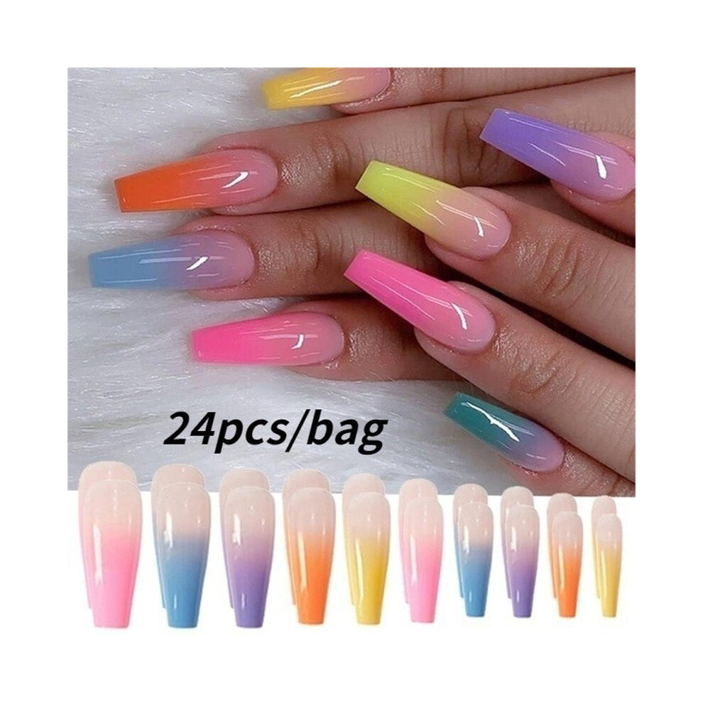 Stoyotu Long Coffin Fake Nails Rainbow Ballerina Full Cover Nail Art Tips Beauty Artificial False Nails Manicure Charms