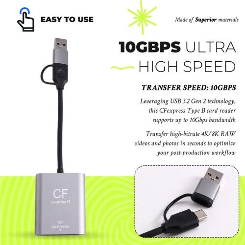 CFexpress Type B Card Reader USB3.2 Gen2 10Gbps 2-in-1 USB C & USB A CFe Card Reader with  Slot for CFexpress Type B 2