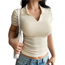 Women'S Collared V-Neck Ribbed Knit Short Sleeve Fitted Cropped T-Shirt Apricot Color L