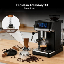 Tamper à Espresso Calibré à Ressort 51 mm, Kit Café 4 en 1 avec Niveleur, Entonnoir Doseur et Tapis