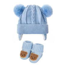 Baby Boy Girl Knitted Winter Hat With Bear Socks Anti Slip-Blue